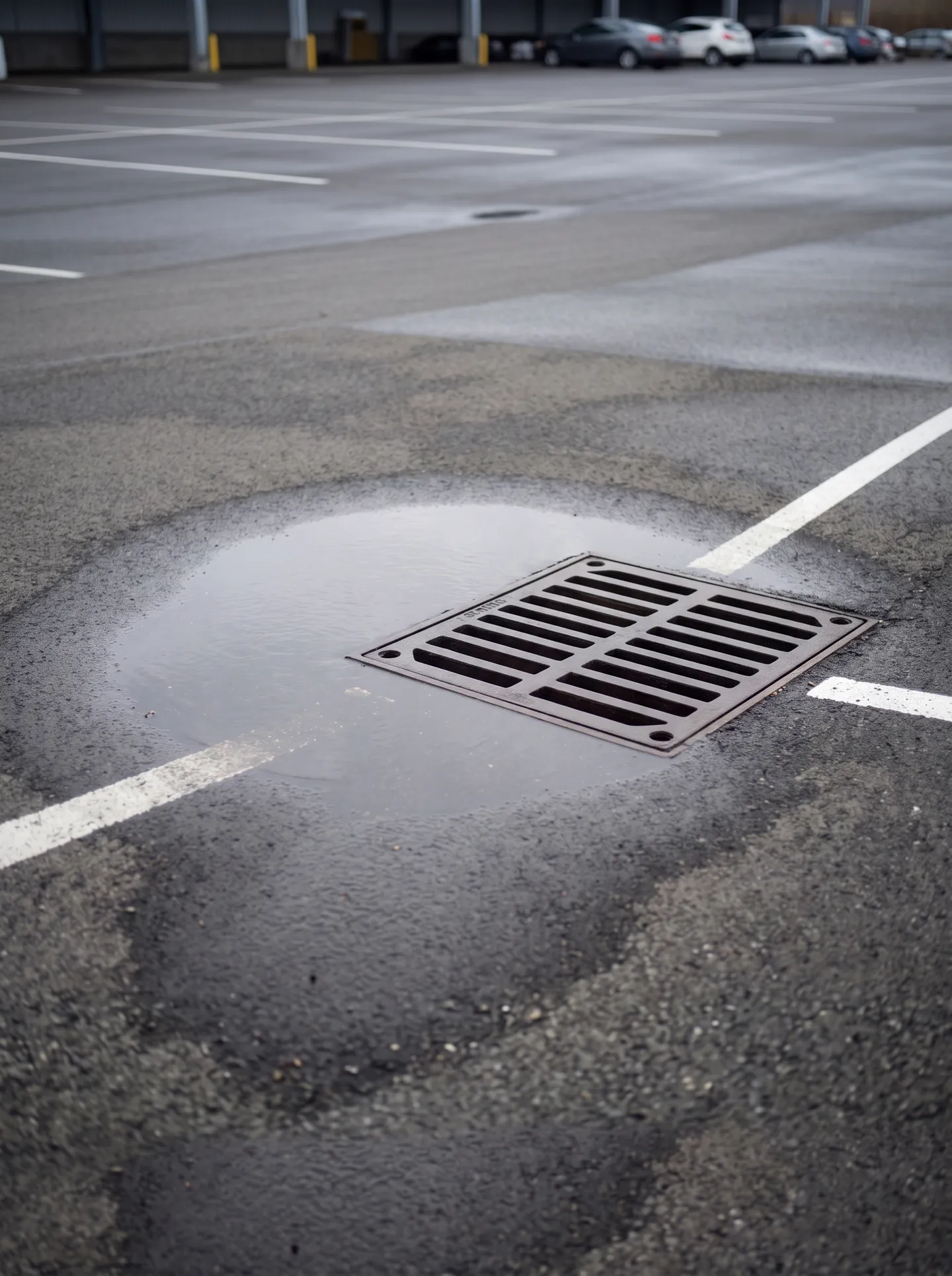 Standing water in a commercial parking lot