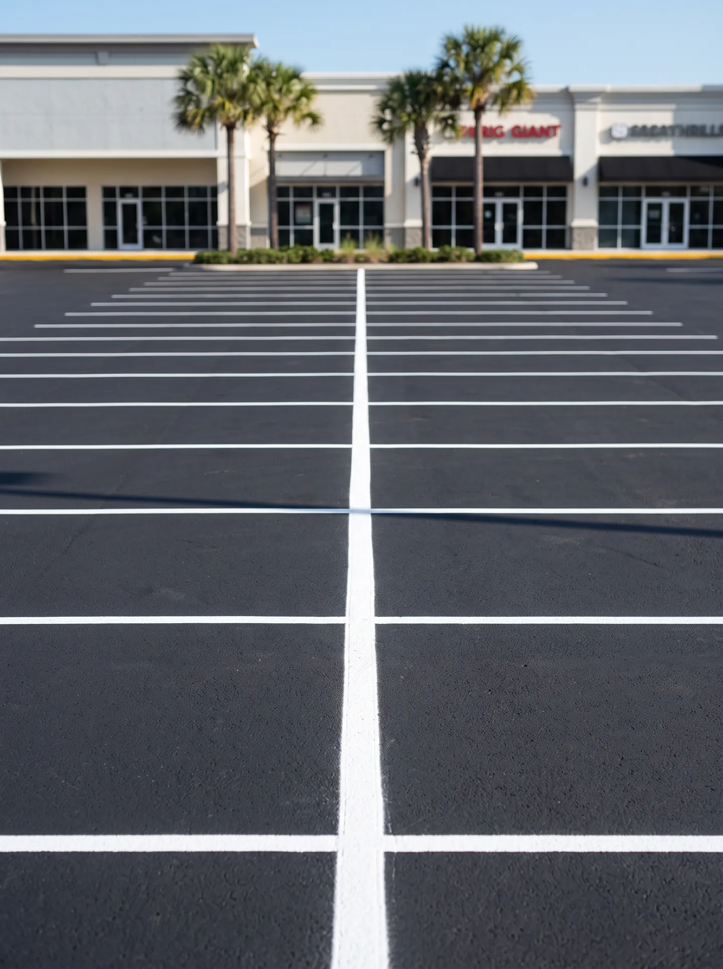 Freshly striped retail-corridor commercial parking lot in Ocoee, FL