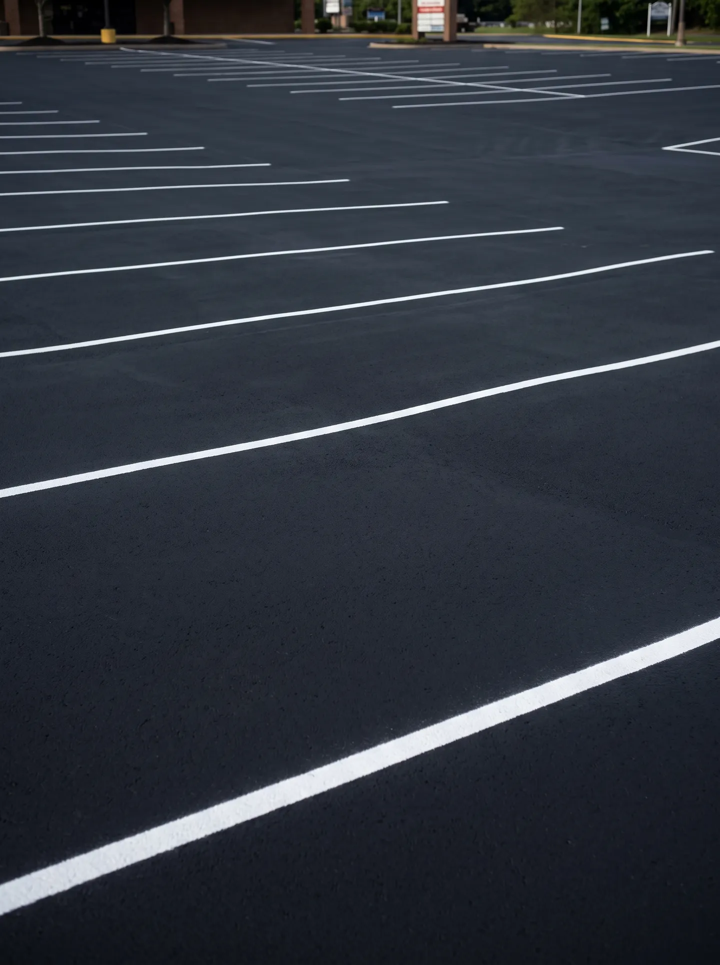 Freshly sealcoated commercial asphalt parking lot